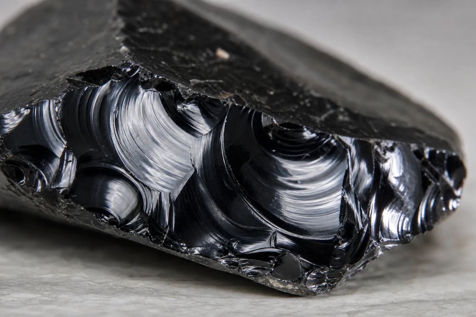 Fresh broken obsidian edge showing curved shell-like fracture marks