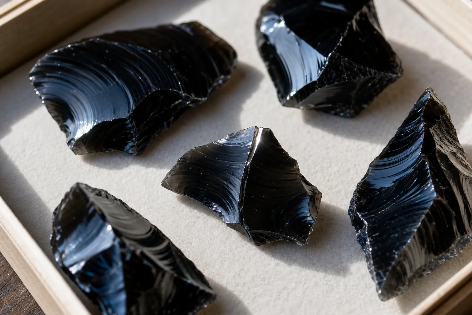 Broken obsidian fragment with thin sharp edges separated for careful handling