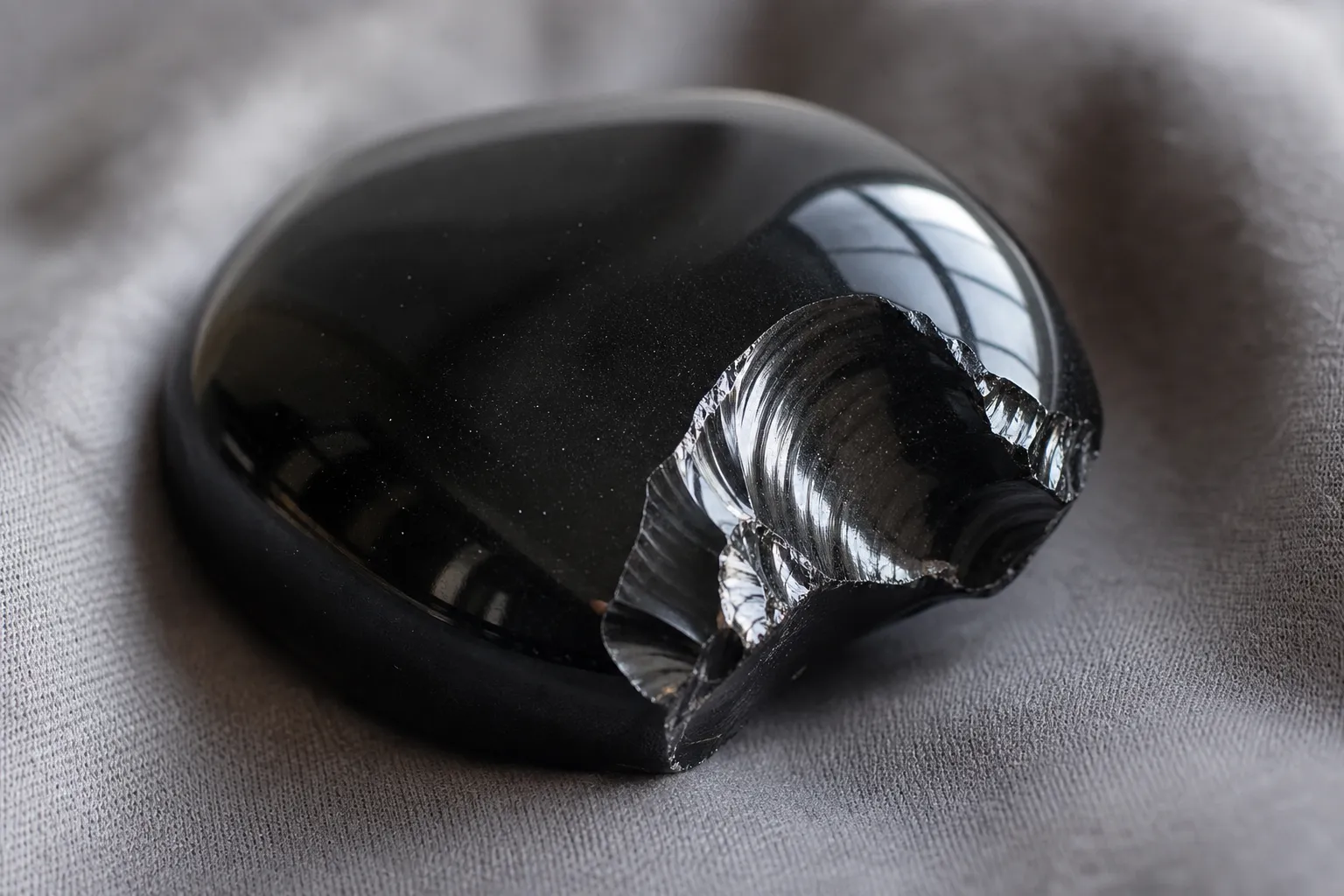 Chipped polished obsidian showing a bright crescent break on a rounded stone