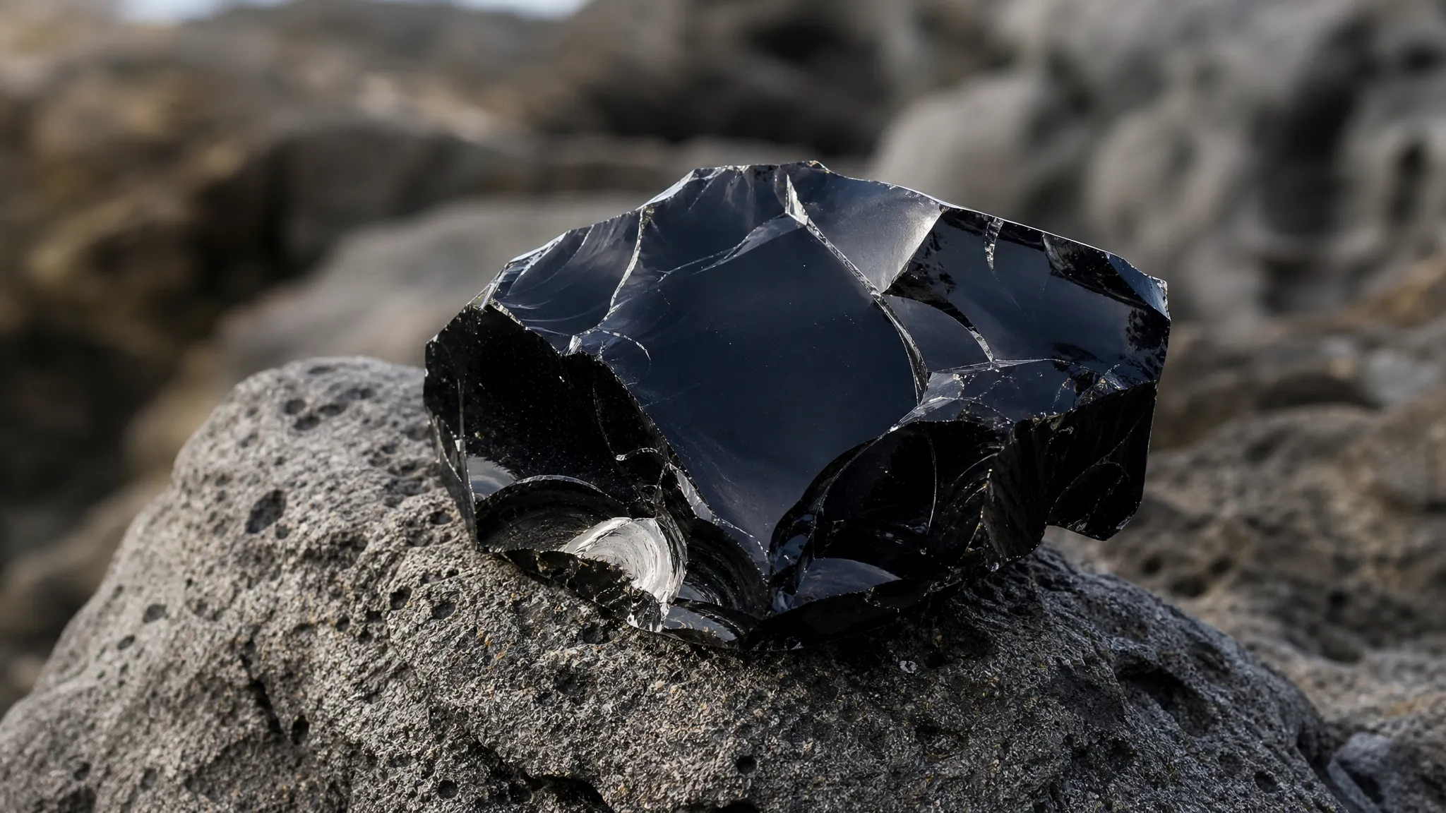 Glossy black obsidian showing volcanic origin and glassy surface character