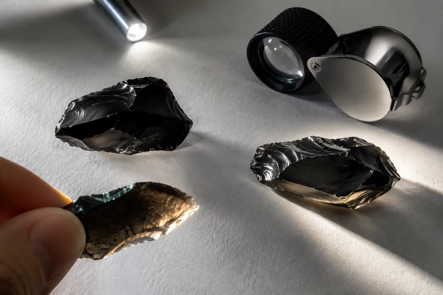 Obsidian inspected on a neutral surface with side light and backlight showing edge color changes