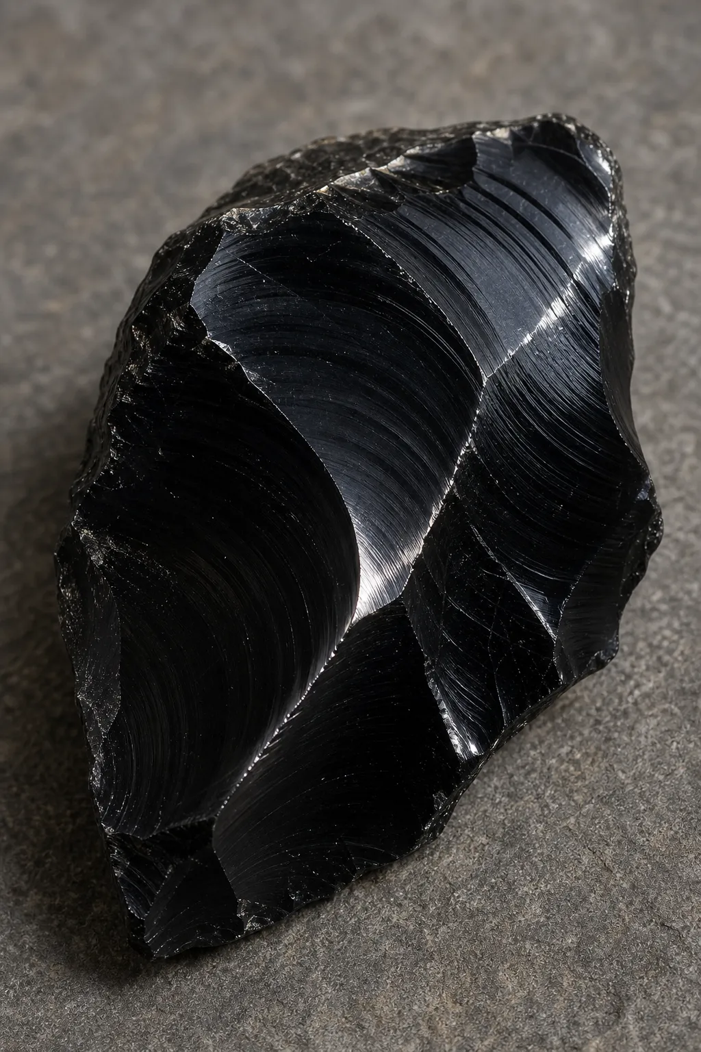 Broken obsidian with curved conchoidal fracture surfaces and sharp glassy edges