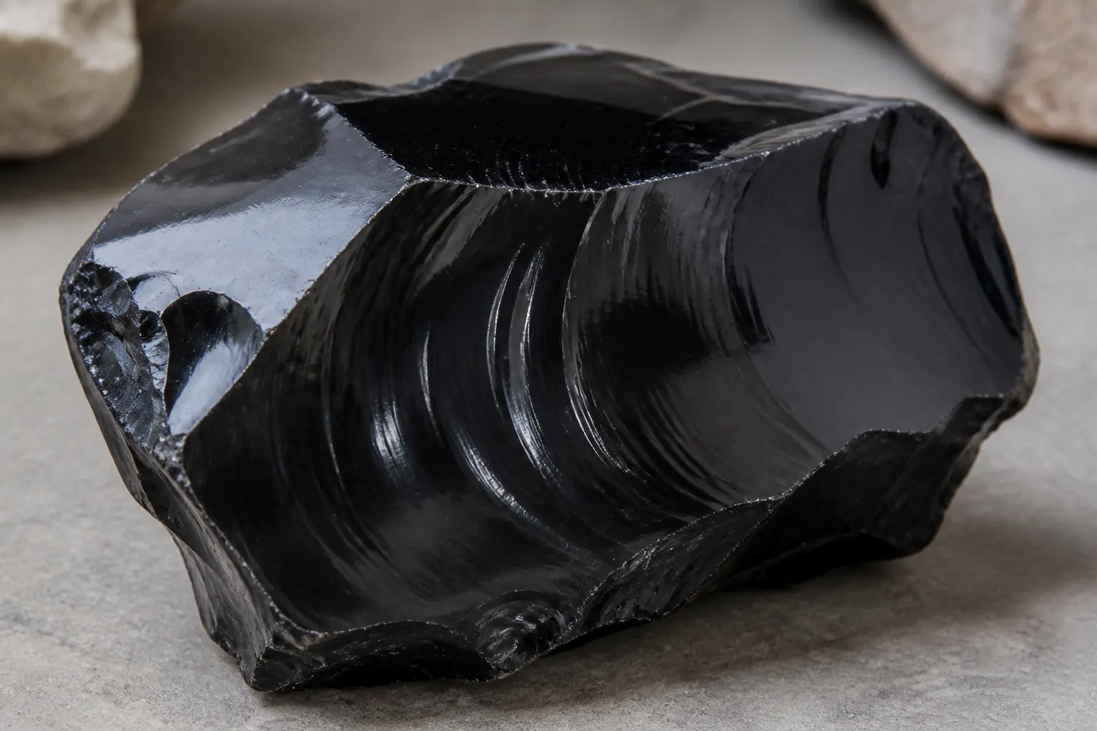 Glassy obsidian showing a smooth dark surface with few visible crystals