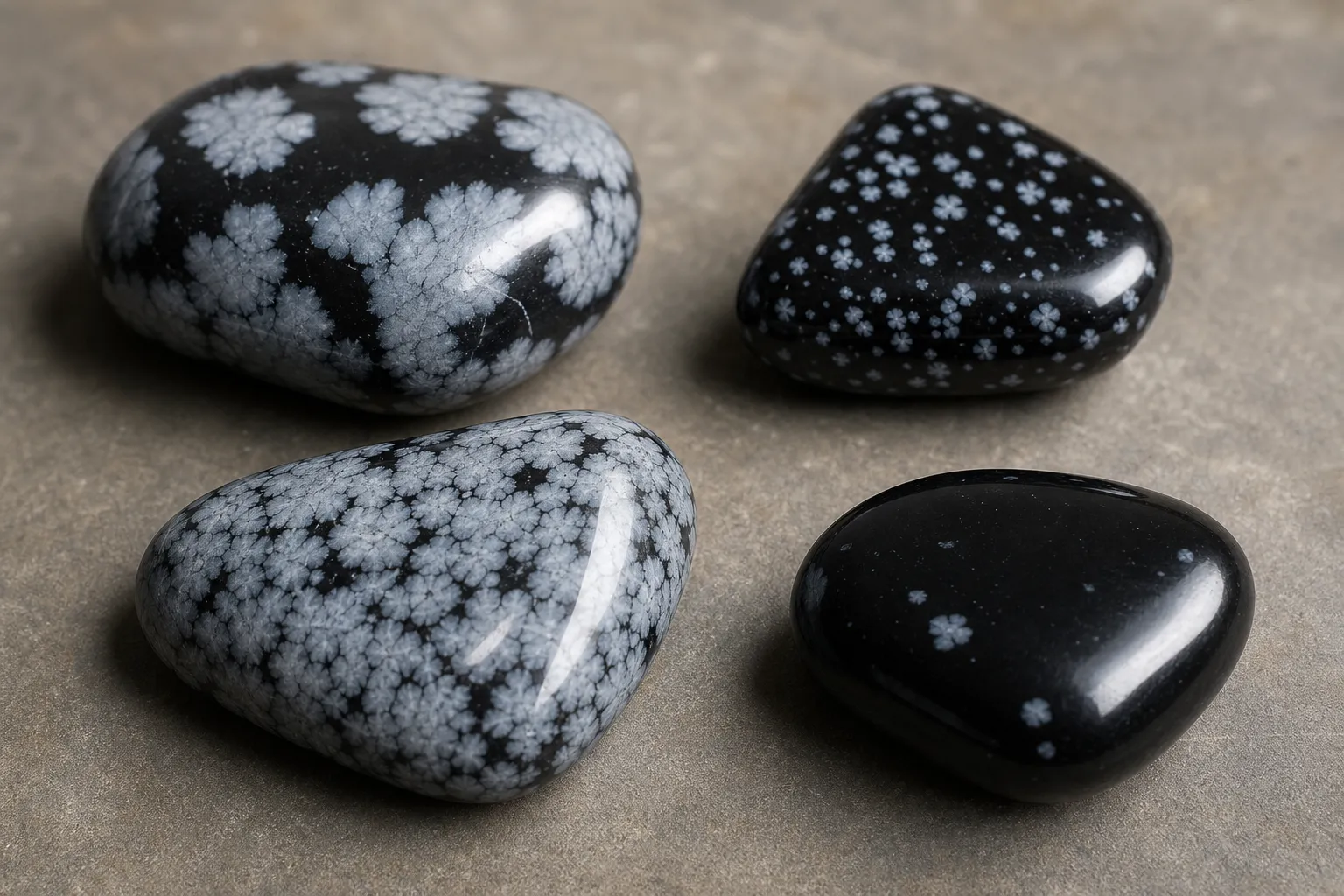 Several snowflake obsidian pieces showing large cloudy markings, fine specks, and mostly black areas