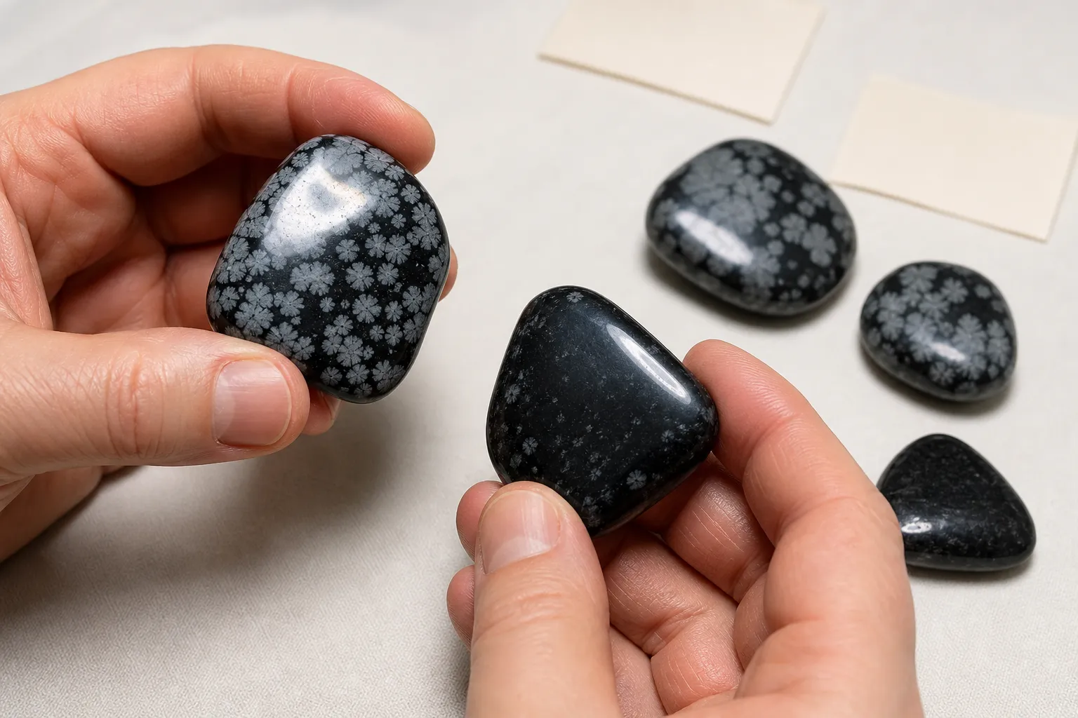 Snowflake obsidian pieces being compared under the same light to check pattern, polish, and glare